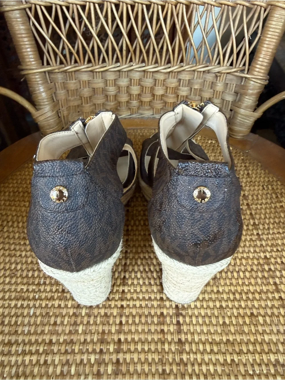 Michael Kors Dark Brown Signature Canvas Espadrille Wedge Sandals with Gold Zip